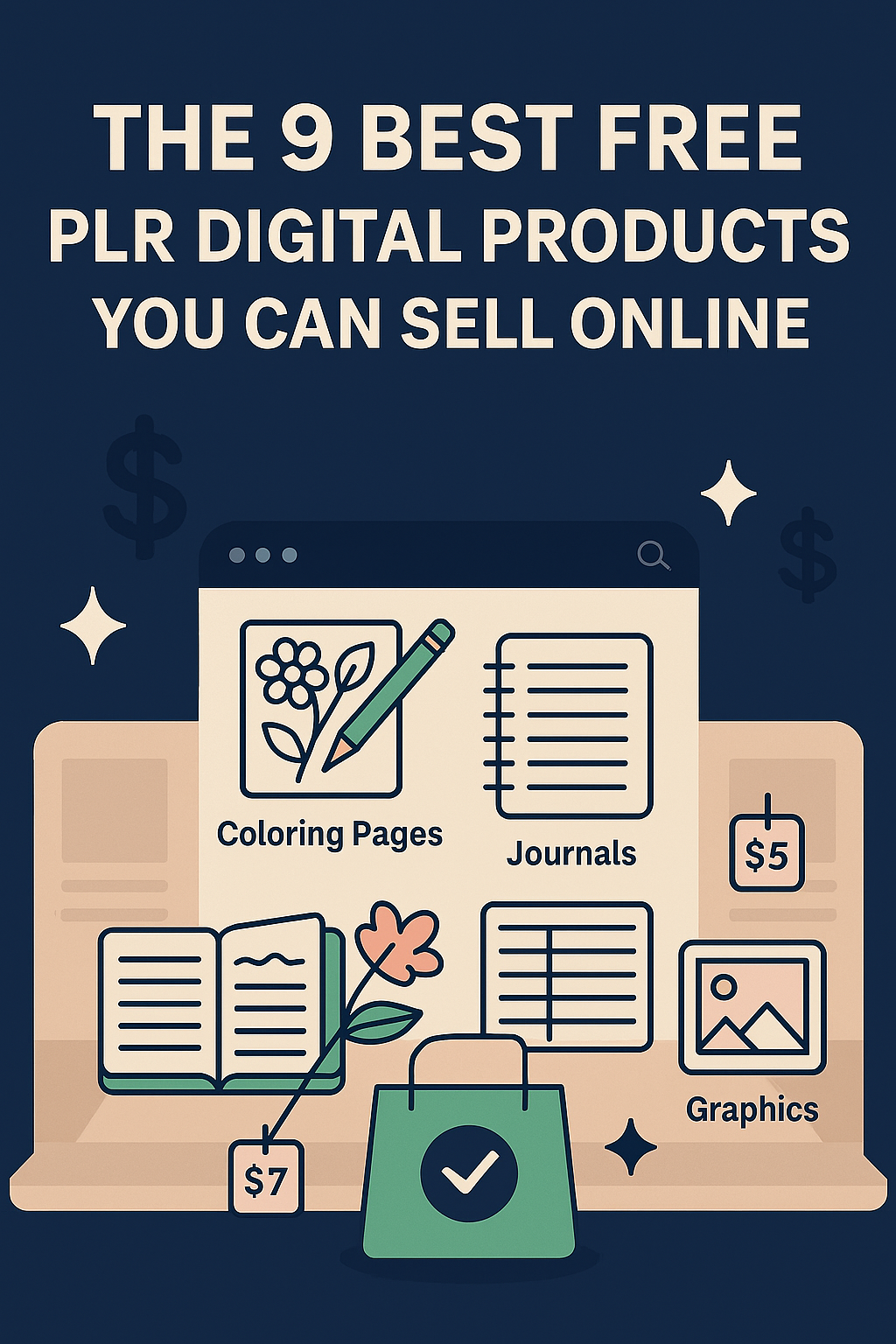 Visual representation of top free PLR digital products to sell online, including journals, planners, coloring pages, and lead magnets for passive income and ecommerce success.