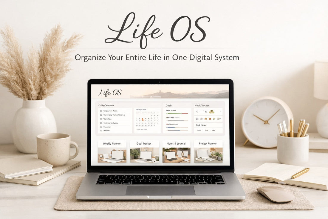 Aesthetic minimalist desk with a laptop displaying a clean digital Life OS dashboard, surrounded by neutral workspace decor.