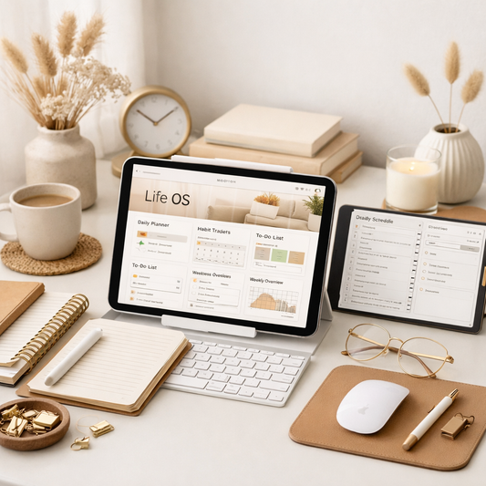 Aesthetic digital workspace with an iPad displaying a Life OS dashboard, surrounded by a cozy, minimal productivity setup.
