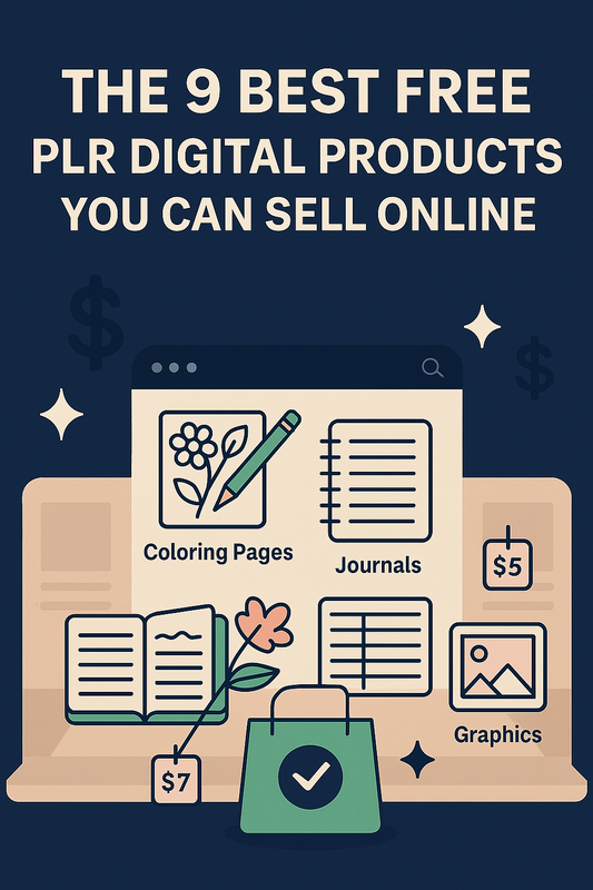 Visual representation of top free PLR digital products to sell online, including journals, planners, coloring pages, and lead magnets for passive income and ecommerce success.