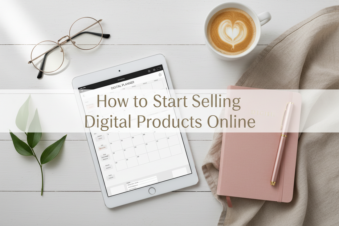 How to start selling digital products online - digital planner, journal and passive income lifestyle flat lay