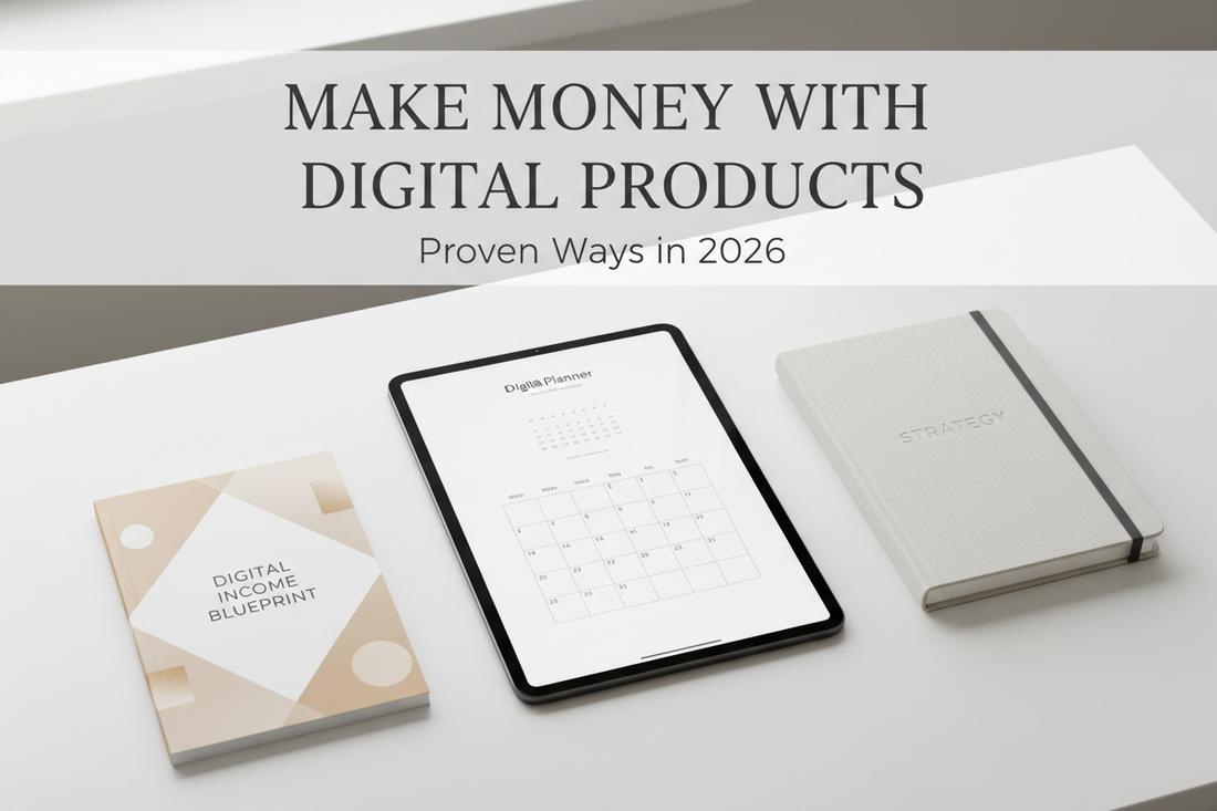 Proven ways to make money with digital products in 2026 - digital planner and ebook flat lay