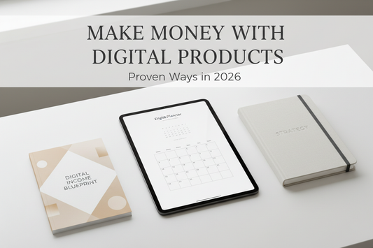 Proven ways to make money with digital products in 2026 - digital planner and ebook flat lay