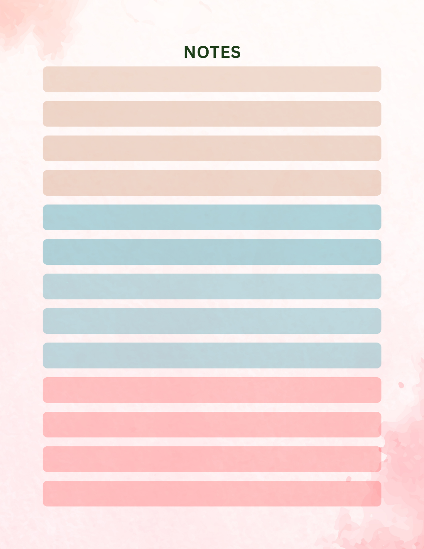 Notebook cover with pastel-colored horizontal stripes and 'NOTES' text on a light pink background.