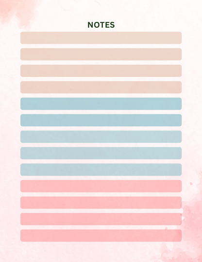 Notebook cover with pastel-colored horizontal stripes and 'NOTES' text on a light pink background.