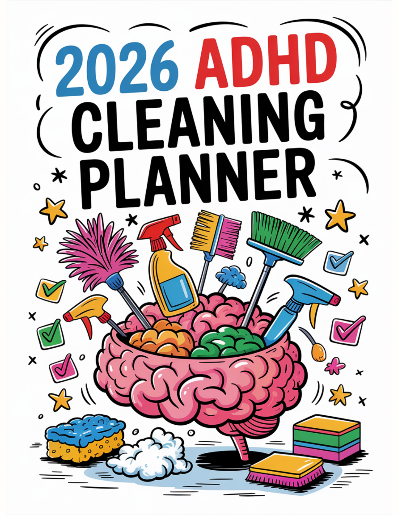 2026 ADHD Cleaning Planner cover with brain illustration and cleaning tools