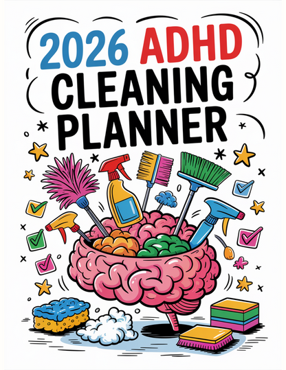 2026 ADHD Cleaning Planner cover with brain illustration and cleaning tools
