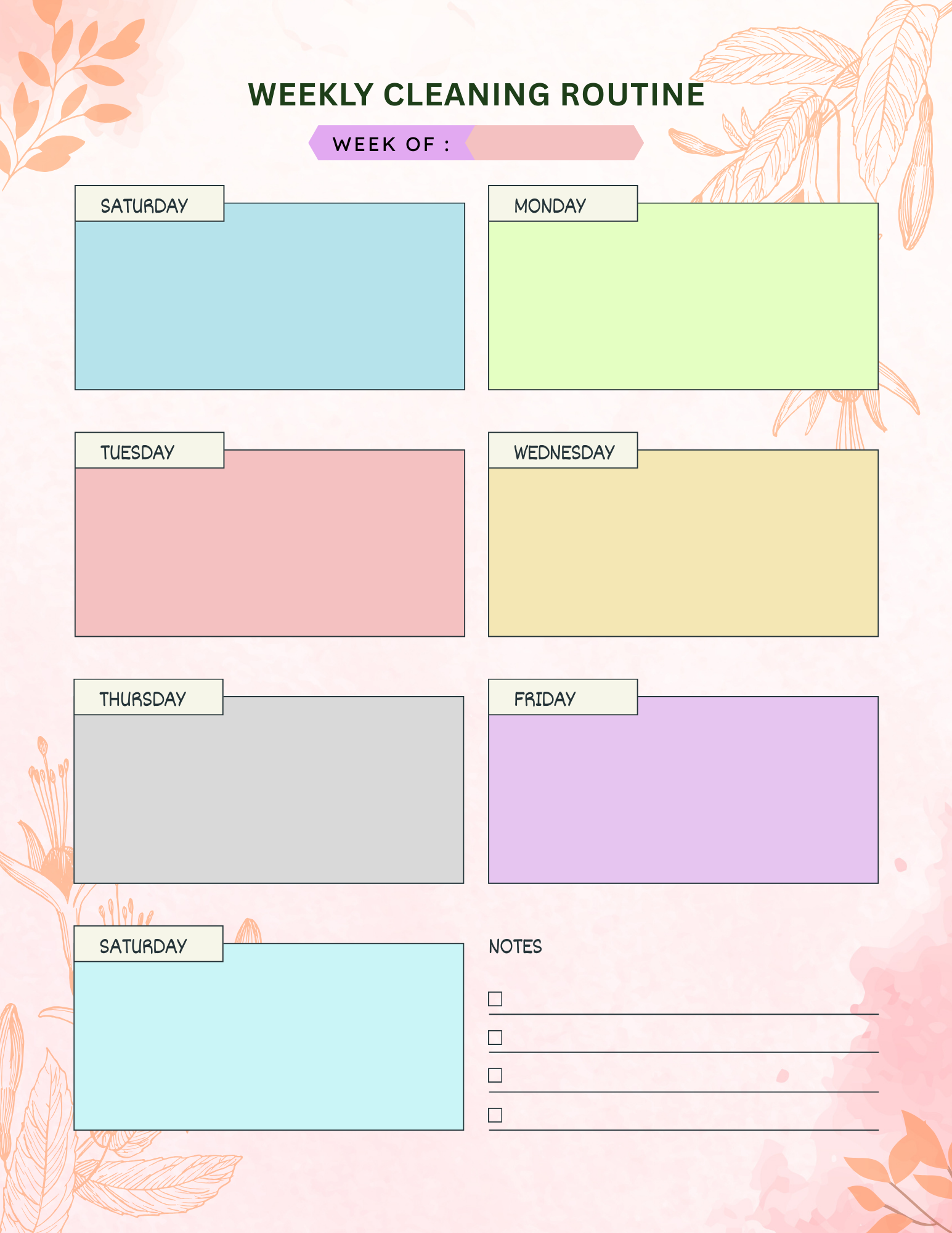 Weekly cleaning routine planner with pastel-colored days on a floral background
