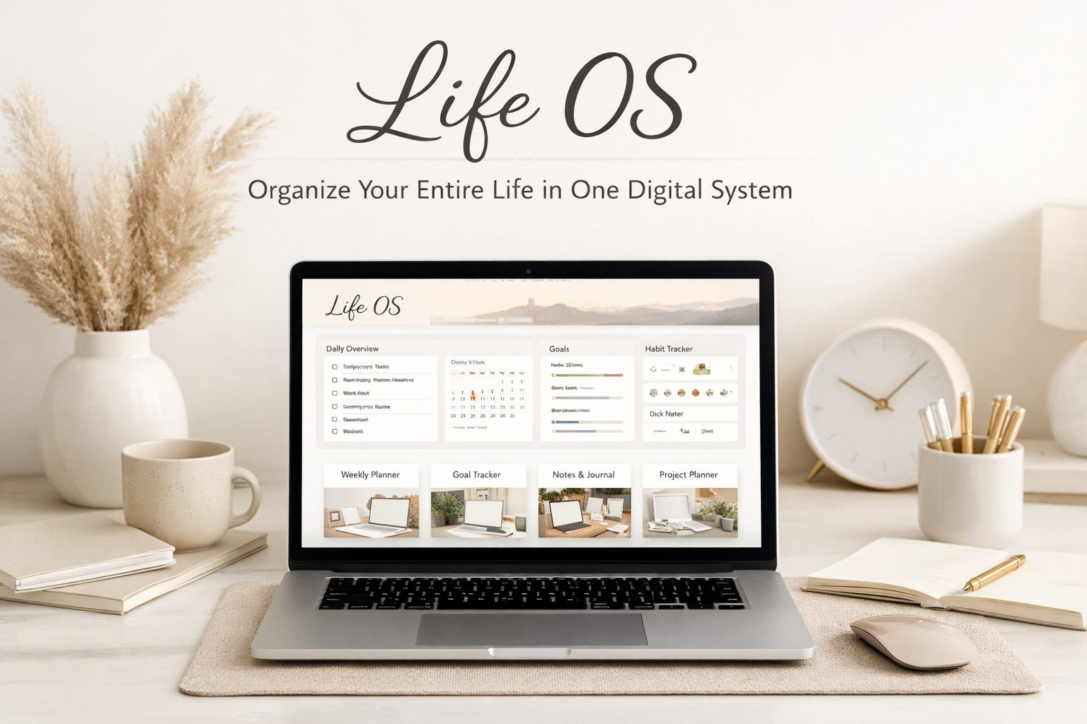 Life OS Notion Template main dashboard mockup showing all‑in‑one planner, habit tracker, goals, routines, and aesthetic productivity layout.