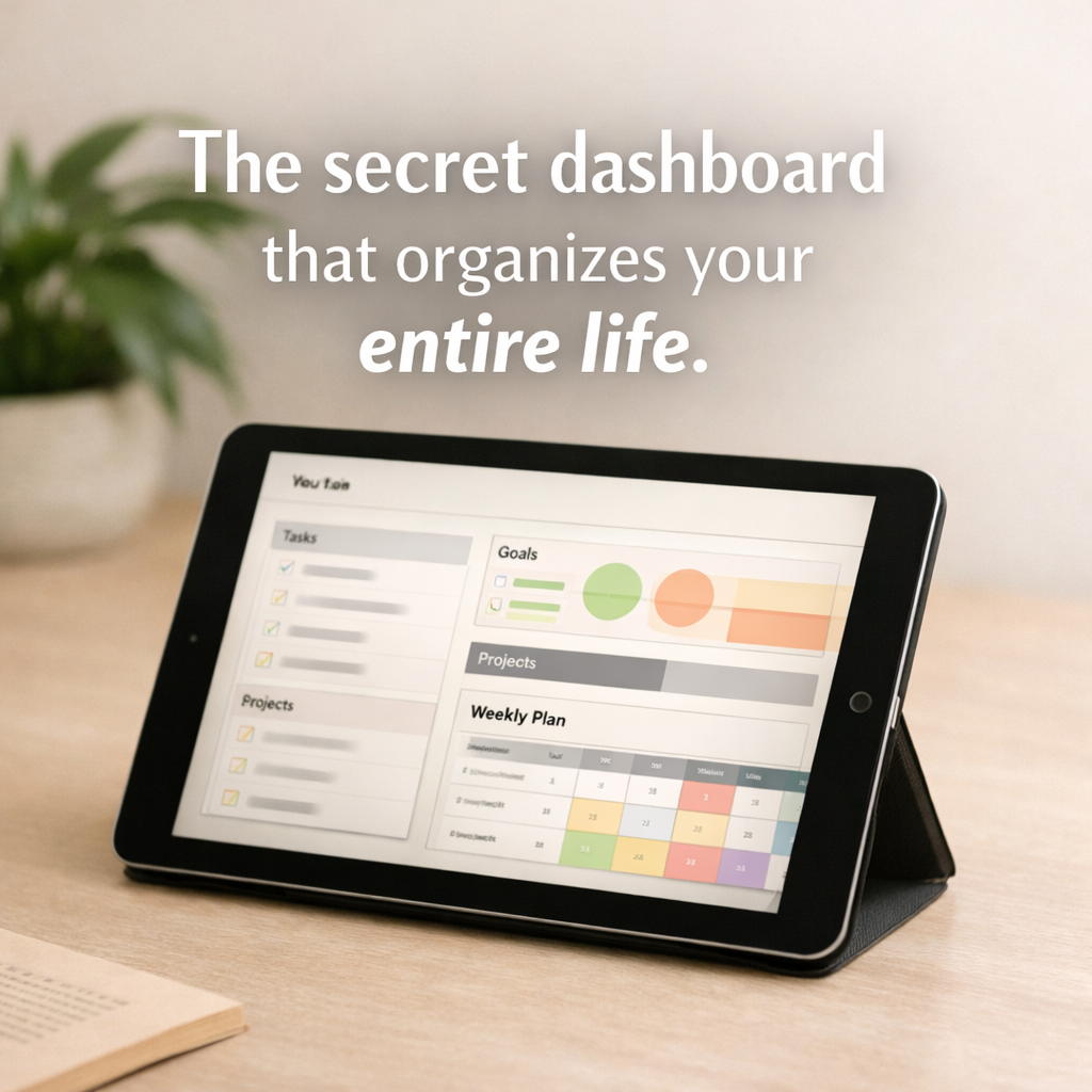 Life OS Notion Template by SmartShopFinds showing an all-in-one dashboard with planner, habit tracker, goals, and routines interface.